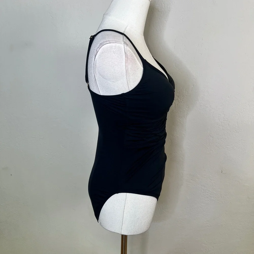 La Blanca Island Goddess Black‎ Ruched One Piece Swimsuit V-Neck Tummy Control 8